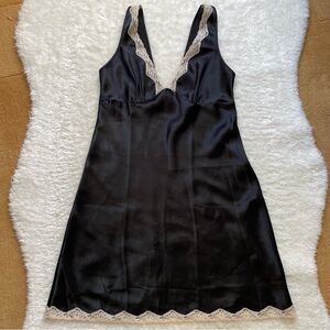 Black Satin Lace Trim Slip Dress